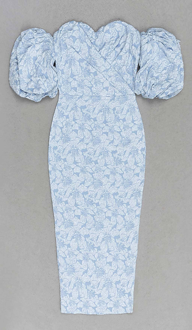 FLORAL-PRINT PUFF SLEEVE MIDI DRESS IN CLEAR SKY DRESS STYLE OF CB 