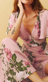 FLORAL-PRINT V NECK MAXI DRESS IN PINK DRESS STYLE OF CB 