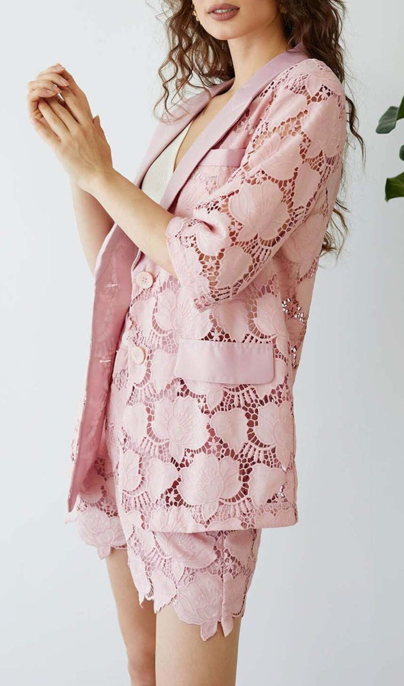 FLORAL CUTWORK JACKET DRESS SET IN PINK DRESS STYLE OF CB 