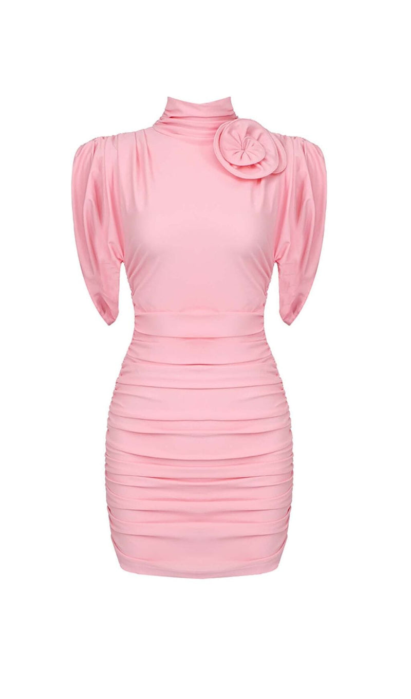 FLOWER-EMBELLISHED RUCHED MINI DRESS IN PINK DRESS STYLE OF CB 