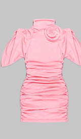 FLOWER-EMBELLISHED RUCHED MINI DRESS IN PINK DRESS STYLE OF CB 