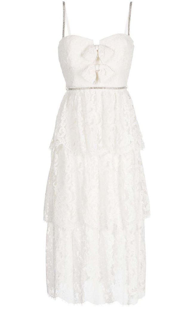 FRONT BOW TIERED MIDI DRESS IN WHITE DRESS STYLE OF CB 