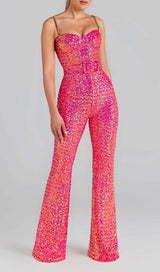 GLITTER FLARED TROUSER JUMPSUIT IN PINK DRESS sis label 