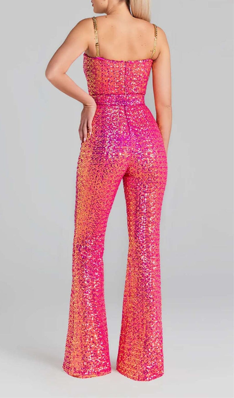 GLITTER FLARED TROUSER JUMPSUIT IN PINK DRESS sis label 