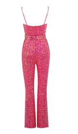 GLITTER FLARED TROUSER JUMPSUIT IN PINK DRESS sis label 