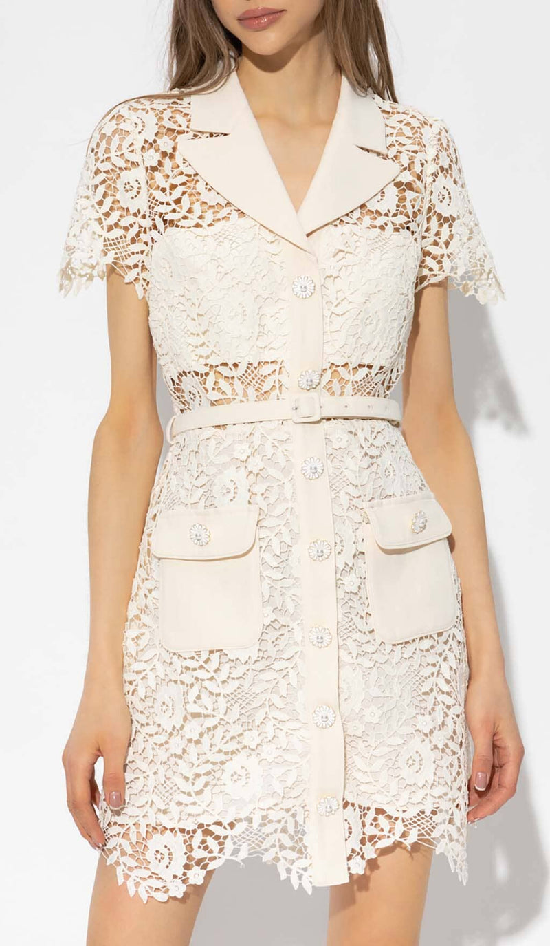 GUIPURE LACE FLAP POCKETS JACKET DRESS IN WHITE DRESS STYLE OF CB 