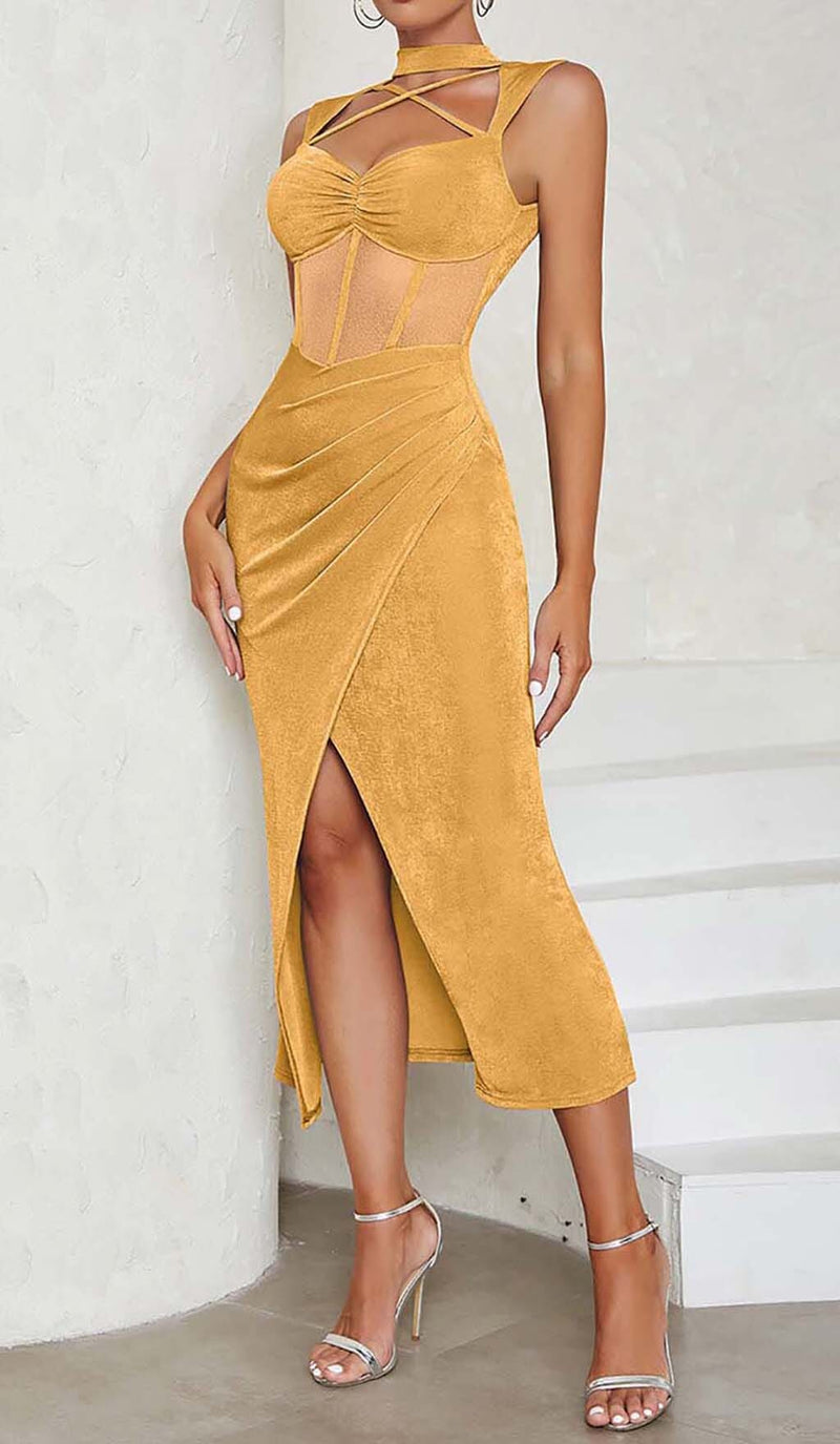 HALTER BANDAGE MIDI DRESS IN YELLOW DRESS STYLE OF CB 