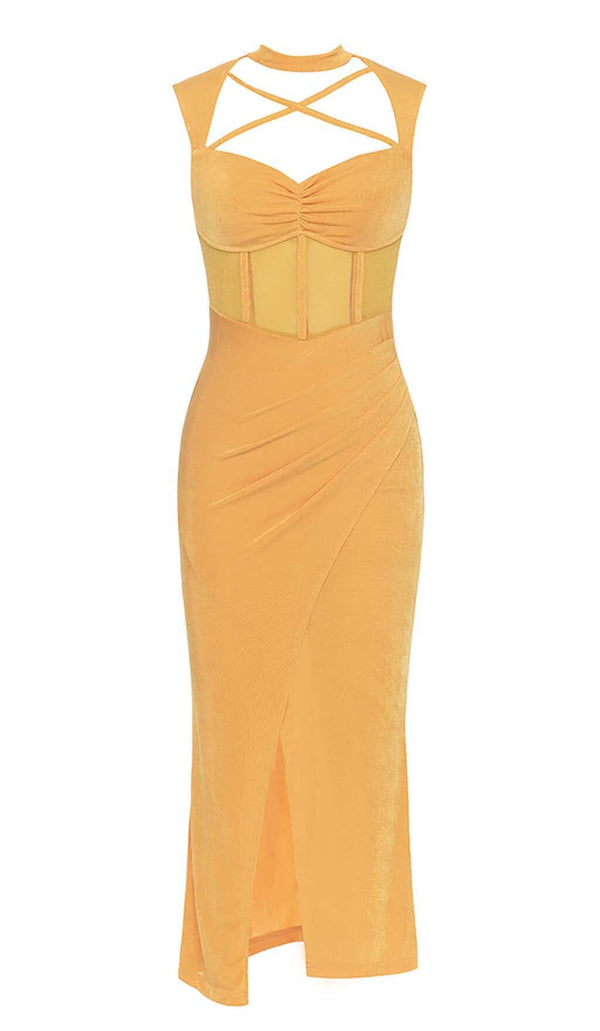 HALTER BANDAGE MIDI DRESS IN YELLOW DRESS STYLE OF CB 