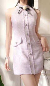 HALTER BOW NECK TWEED MINI DRESS IN LILAC DRESS STYLE OF CB 