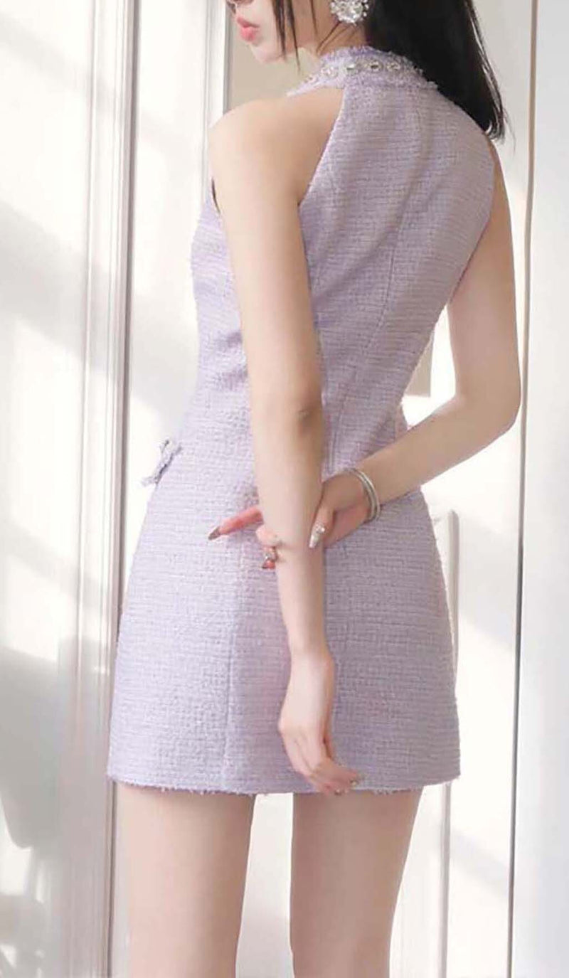 HALTER BOW NECK TWEED MINI DRESS IN LILAC DRESS STYLE OF CB 