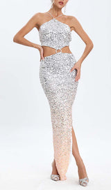 HALTER SEQUIN MIDI DRESS IN METALLIC SLIVER DRESS STYLE OF CB 