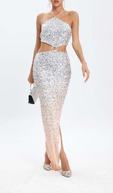 HALTER SEQUIN MIDI DRESS IN METALLIC SLIVER DRESS STYLE OF CB 