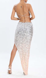 HALTER SEQUIN MIDI DRESS IN METALLIC SLIVER DRESS STYLE OF CB 