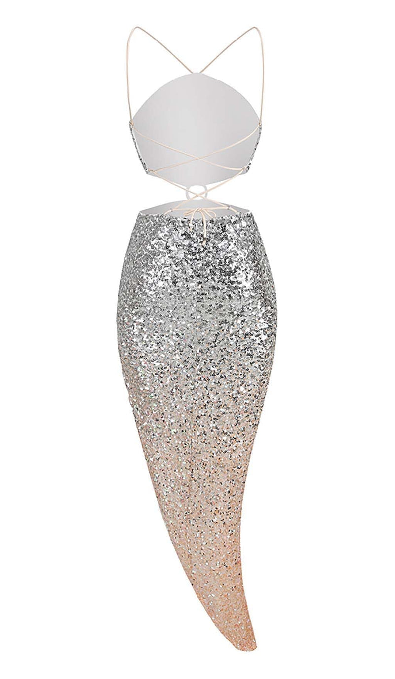 HALTER SEQUIN MIDI DRESS IN METALLIC SLIVER DRESS STYLE OF CB 