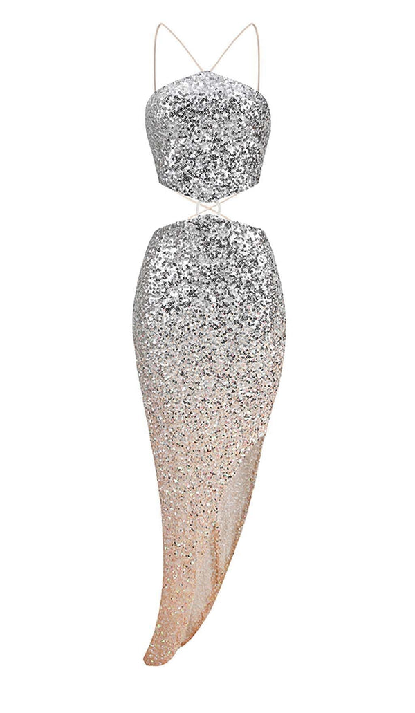 HALTER SEQUIN MIDI DRESS IN METALLIC SLIVER DRESS STYLE OF CB 