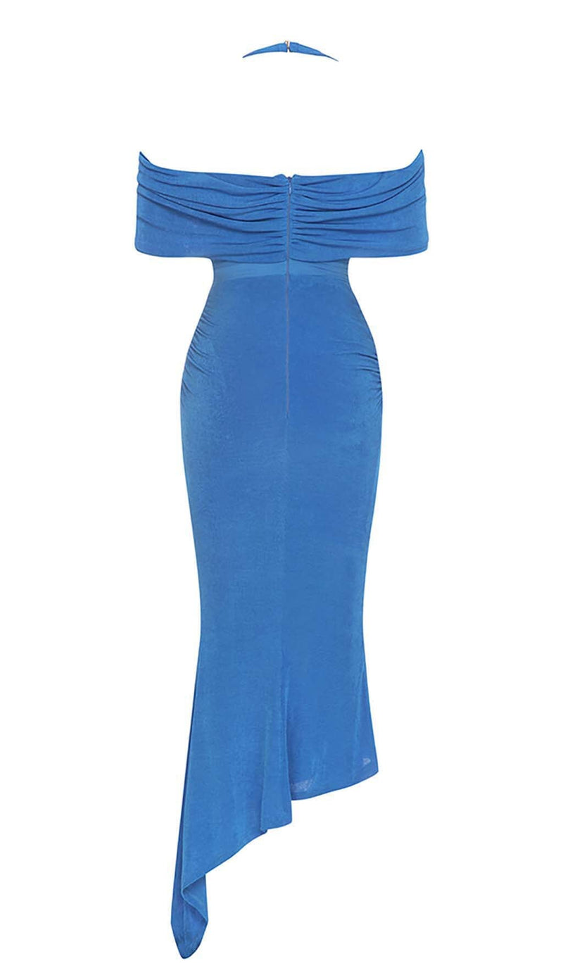 HIGH NECK FRILL MIDI DRESS IN BLUE DRESS STYLE OF CB 