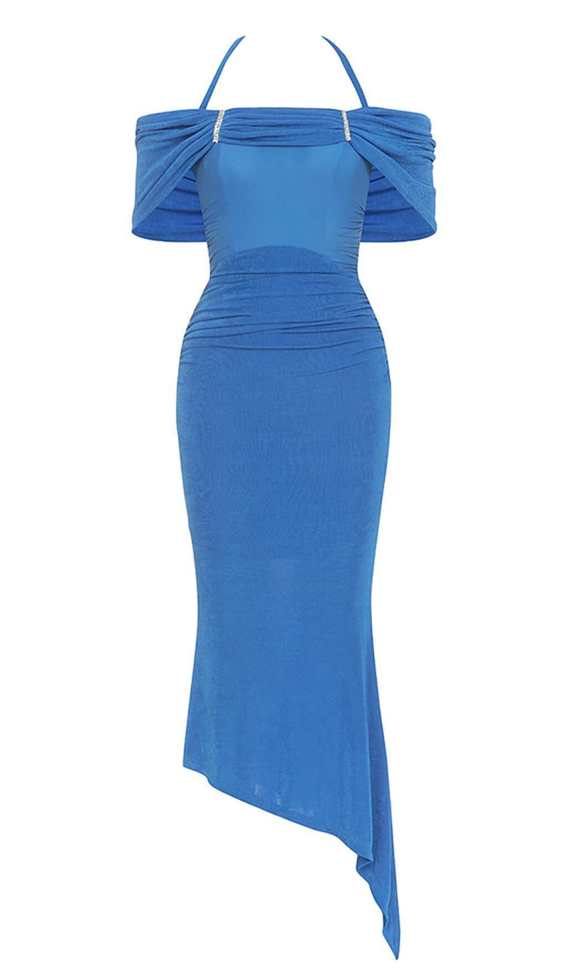 HIGH NECK FRILL MIDI DRESS IN BLUE DRESS STYLE OF CB 