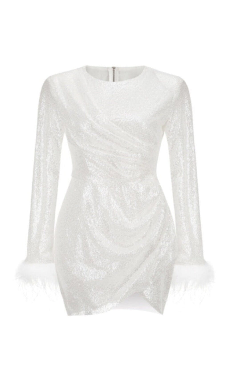 SEQUINED FEATHER MINI DRESS IN WHITE styleofcb 
