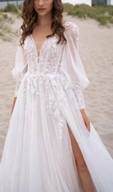 HIGH SPLIT LONG-SLEEVED WEDDING DRESS IN WHITE styleofcb 