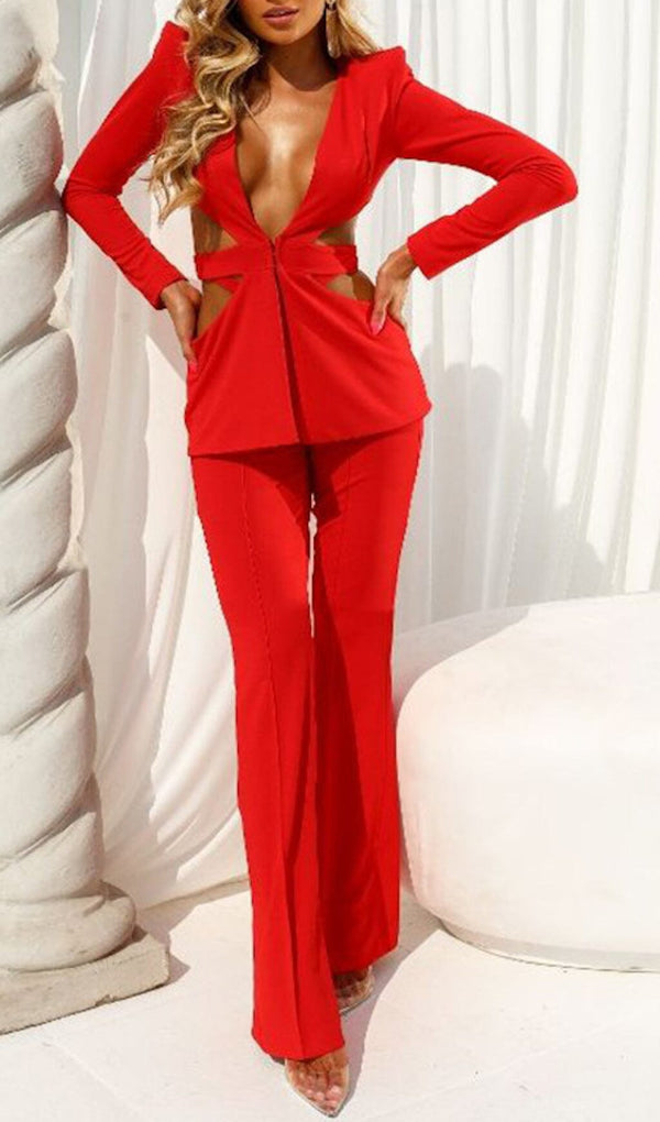 V-NECK SUIT WITH HOLLOWED-OUT WAIST IN RED styleofcb 