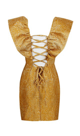 JACQUARD LACE UP MINI DRESS IN TAN Dresses styleofcb 
