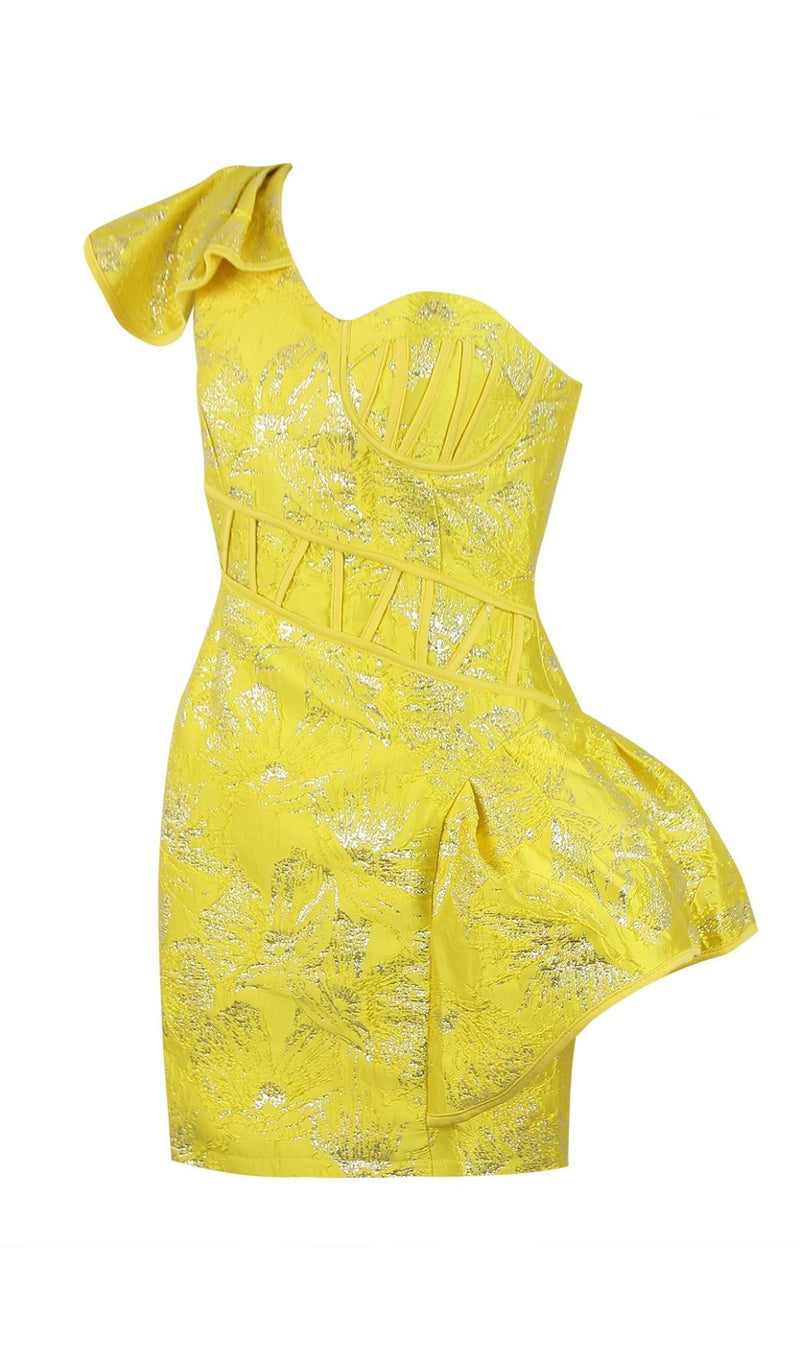 JACQUARD ONE SHOULDER MINI DRESS IN YELLOW Dresses styleofcb 