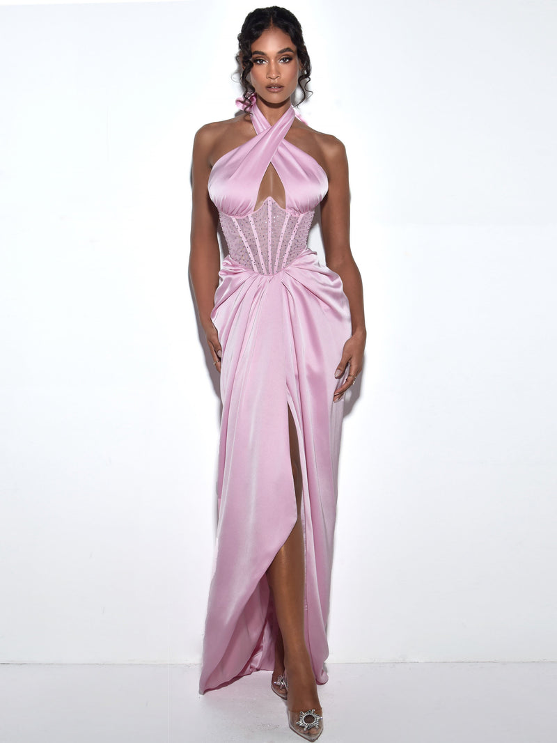 Noemie Pink Crystal Corset Satin Gown Dresses Oh CiCi 
