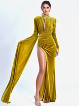 Zenaida Gold Cutout High Slit Velvet Gown Dresses Oh CiCi 