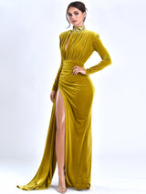 Zenaida Gold Cutout High Slit Velvet Gown Dresses Oh CiCi 