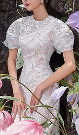 LACE HOLLOW EMBROIDERY A LINE MIDI DRESS IN WHITE DRESS sis label 