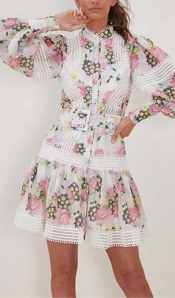 LACE TRIM LANTERN SLEEVE MINI DRESS IN FLORAL DRESS STYLE OF CB 
