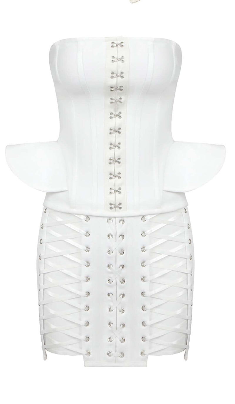 LACE-UP OFF SHOULDER MINI DRESS IN WHITE DRESS STYLE OF CB 