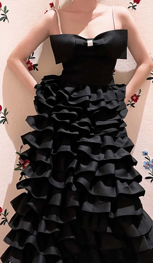 LAYERED BOW-EMBELLISHED MAXI DRESS IN BLACK DRESS styleofcb 