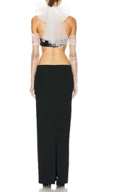 LEATHER BANDEAU CROSSOVER TULLE TWO PIECE IN BLACK DRESS styleofcbdress 