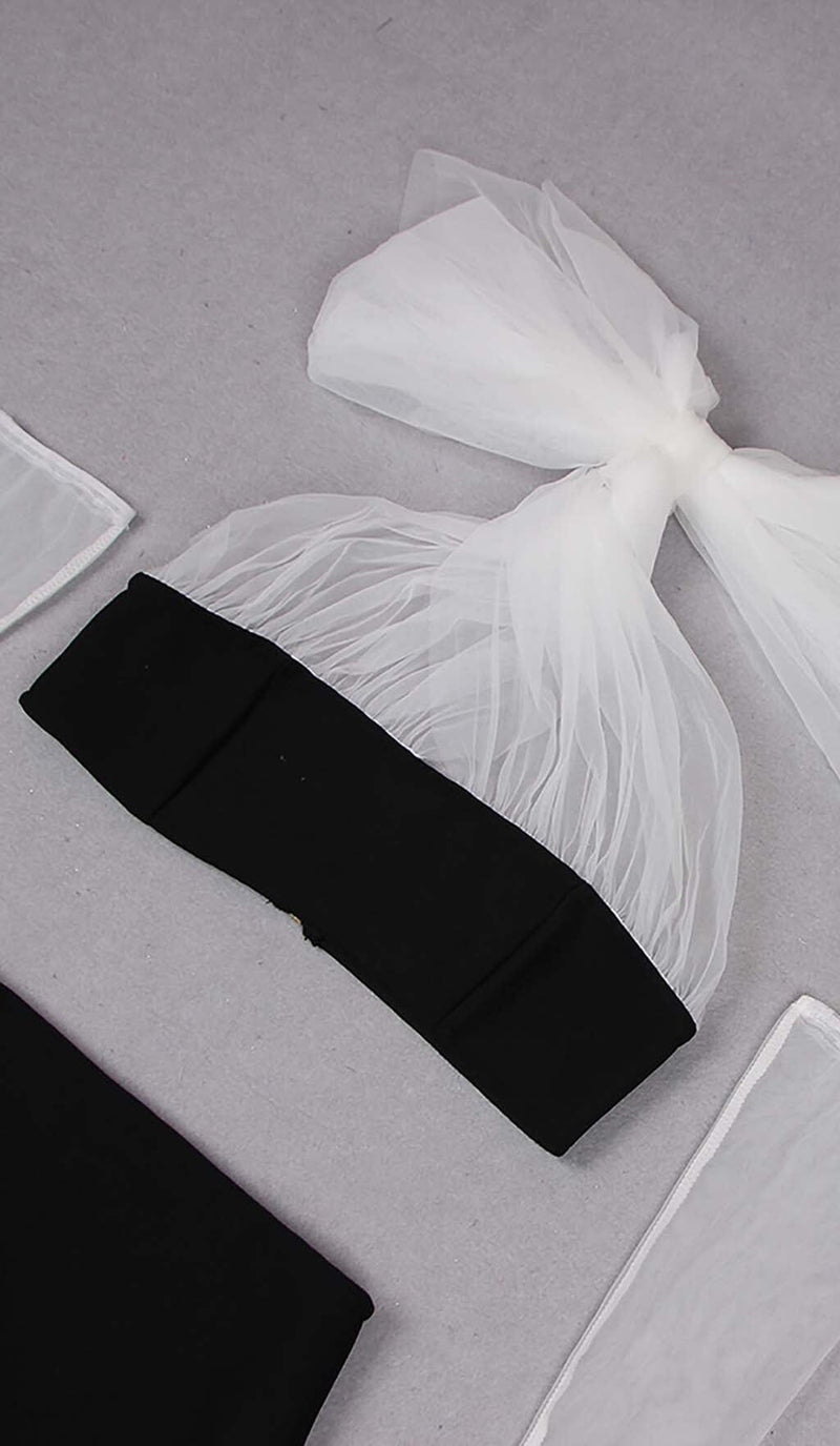 LEATHER BANDEAU CROSSOVER TULLE TWO PIECE IN BLACK DRESS styleofcbdress 