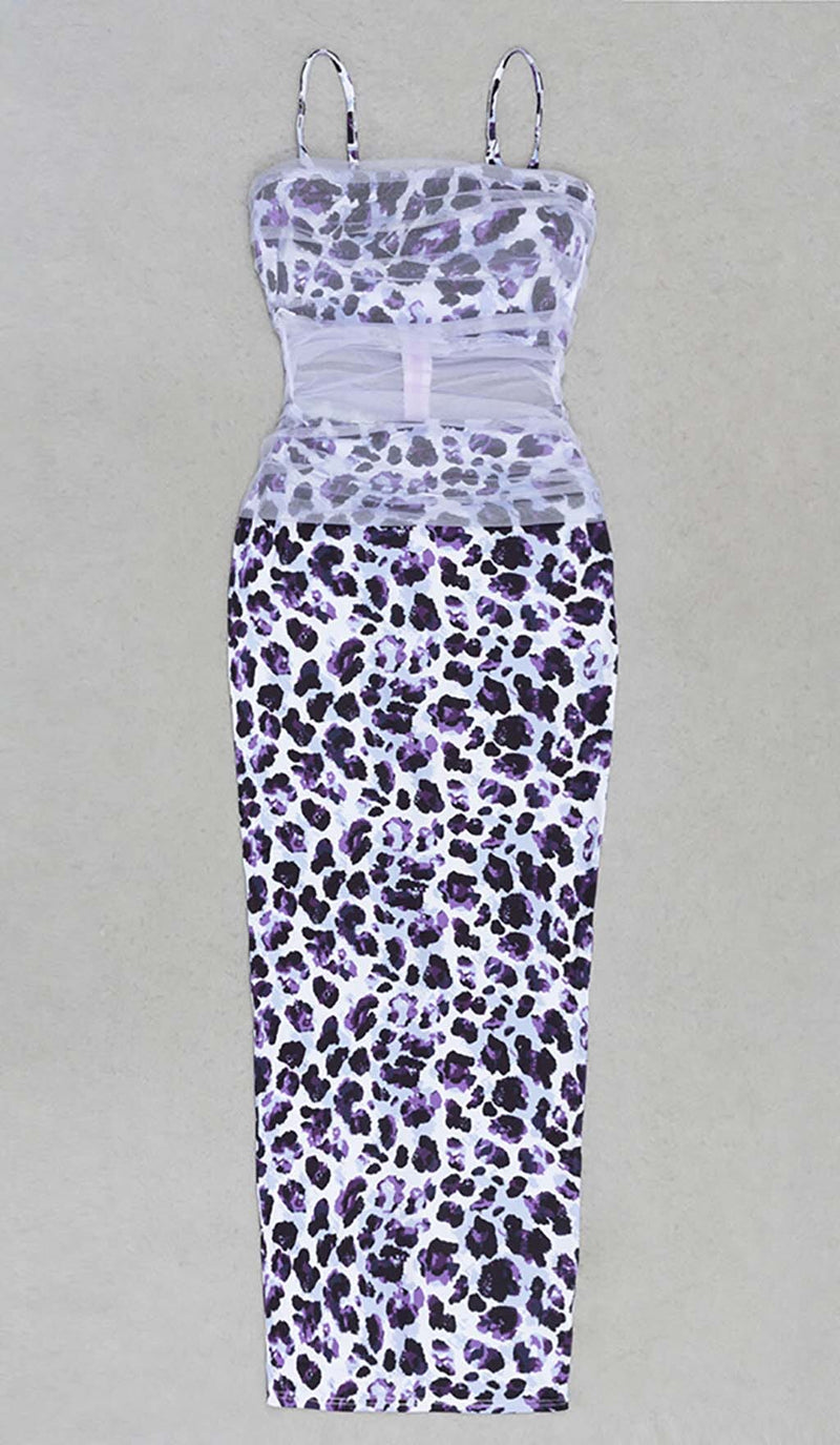 LEOPARD OUT MESH MIDI DRESS IN LAVENDER DRESS STYLE OF CB 