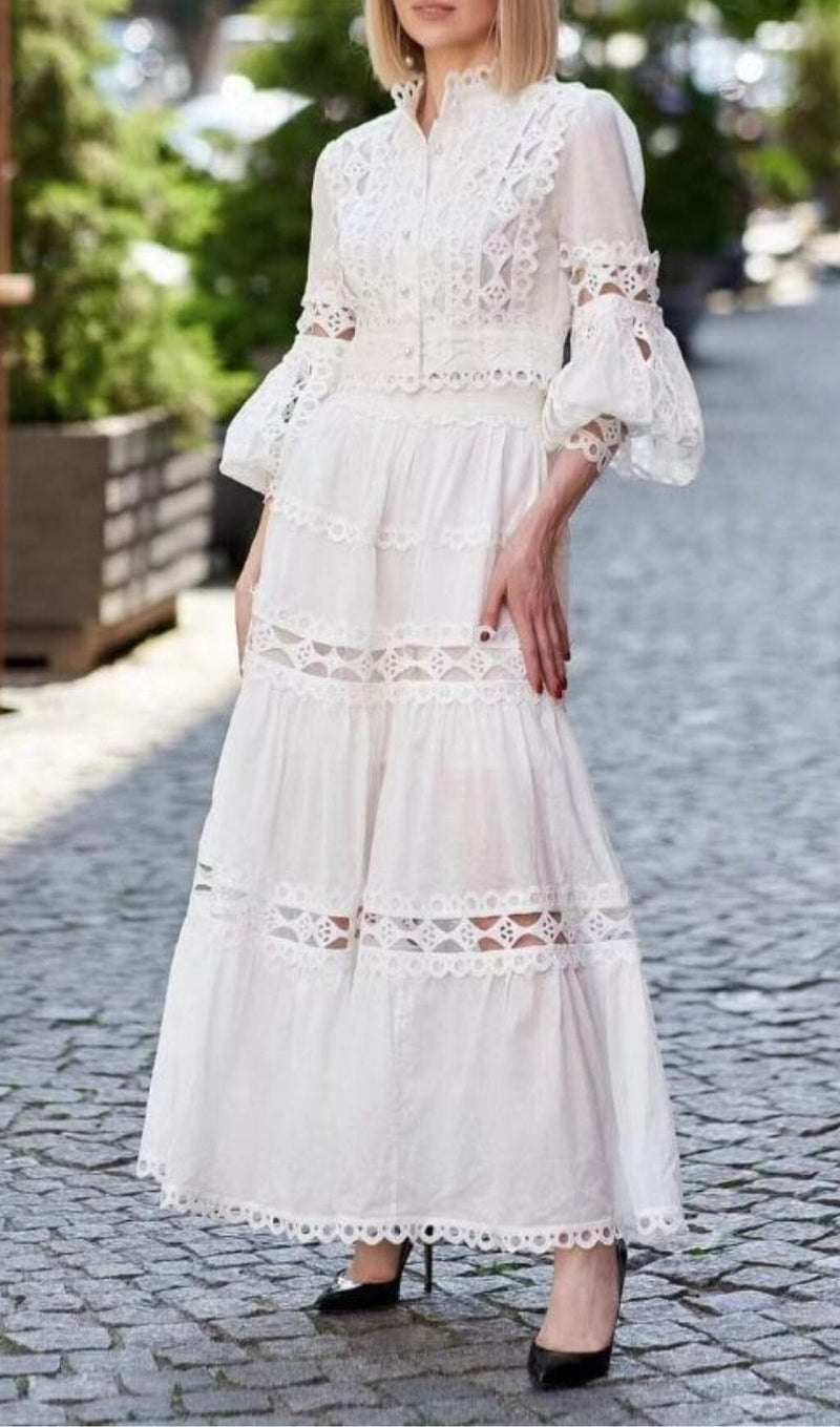 LONG PUFF SLEEVES FLARED TIERED MIDI DRESS IN WHITE DRESS STYLE OF CB 