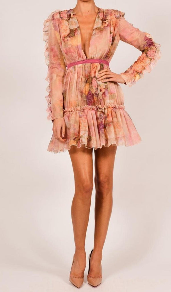 LONG SLEEVE PRINT MINI DRESS IN PINK Dresses styleofcb 