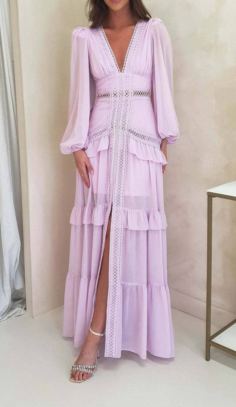 LONG SLEEVE RUFFLE MAXI DRESS IN LILAC DRESS STYLE OF CB 