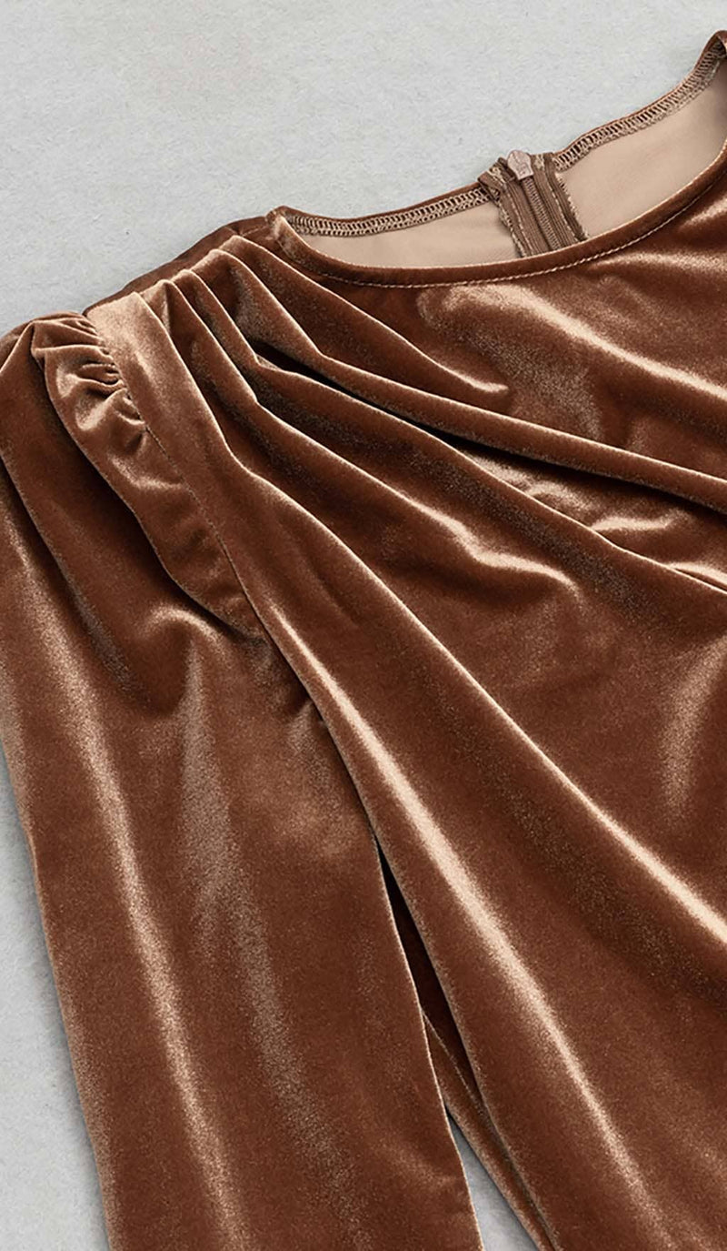 LONG SLEEVE VELVET MIDI DRESS IN BROWN DRESS STYLE OF CB 