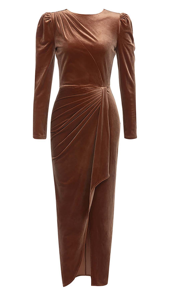 LONG SLEEVE VELVET MIDI DRESS IN BROWN DRESS STYLE OF CB 