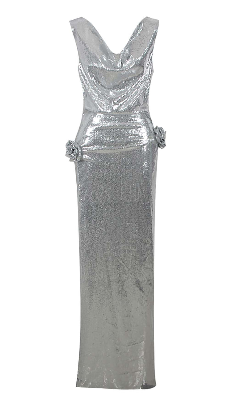 MBELLISHED V-NECK COLUMN GOWN IN SILVER DRESS sis label 