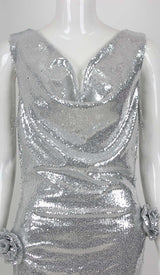 MBELLISHED V-NECK COLUMN GOWN IN SILVER DRESS sis label 