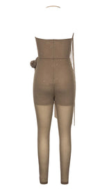 MESH PLUNGE JUMPSUIT IN BROWN DRESS STYLE OF CB 