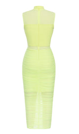 MESH RUCHED MIDI DRESS IN CHARTREUSE DRESS STYLE OF CB 