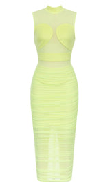 MESH RUCHED MIDI DRESS IN CHARTREUSE DRESS STYLE OF CB 