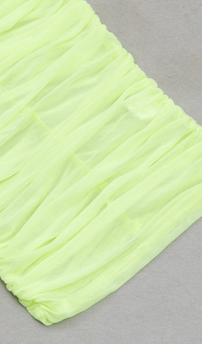 MESH RUCHED MIDI DRESS IN CHARTREUSE DRESS STYLE OF CB 