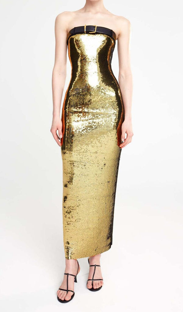 METALLIC STRAPLESS MIDI DRESS IN CHAMPAGNE styleofcb 