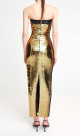 METALLIC STRAPLESS MIDI DRESS IN CHAMPAGNE styleofcb 