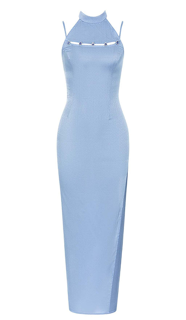 MOCK NECK SLIT MIDI DRESS IN BLUE DRESS STYLE OF CB 